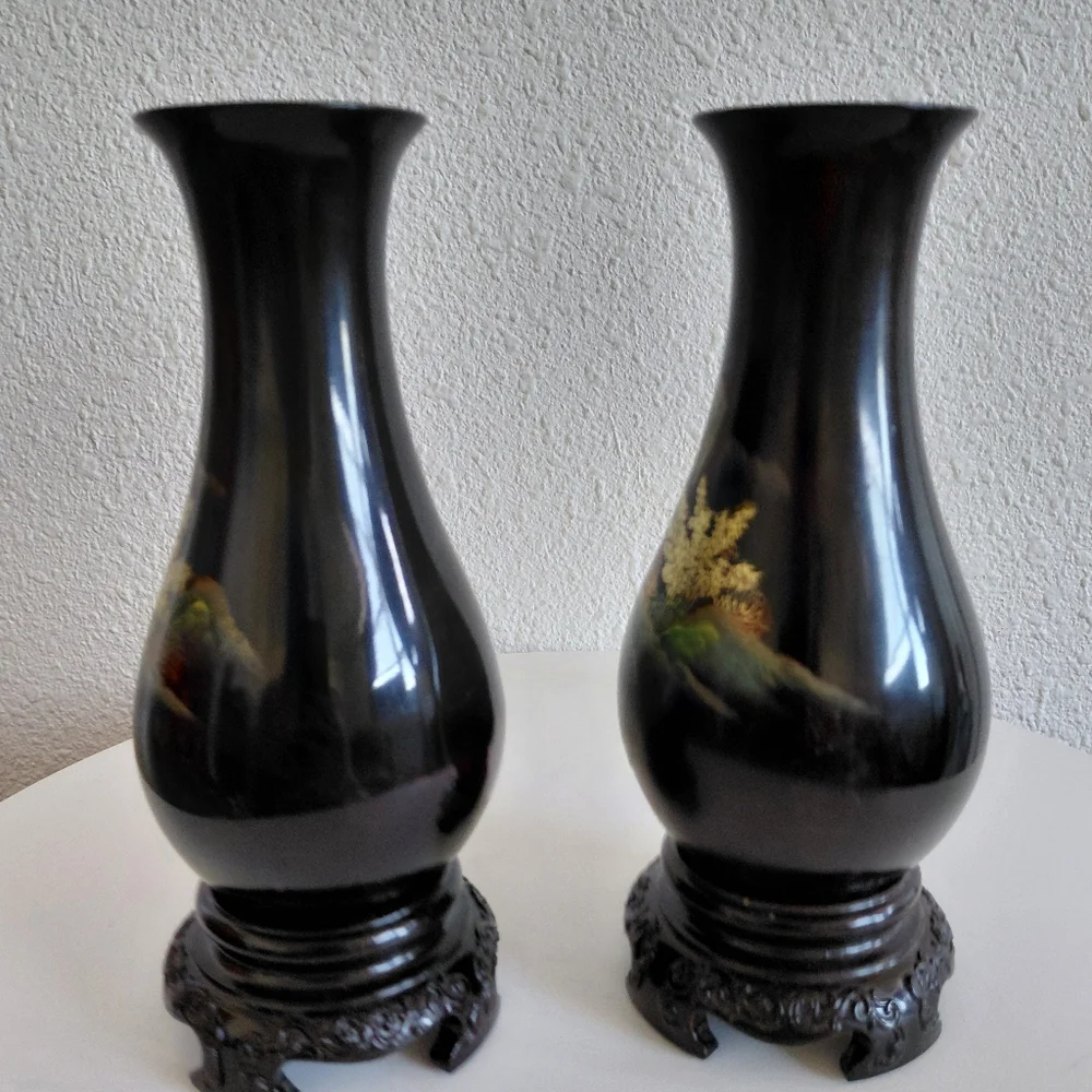 Antique Chinese Foochow Fuzhou Hand Painted Black Lacquered Wood 2 Vases.